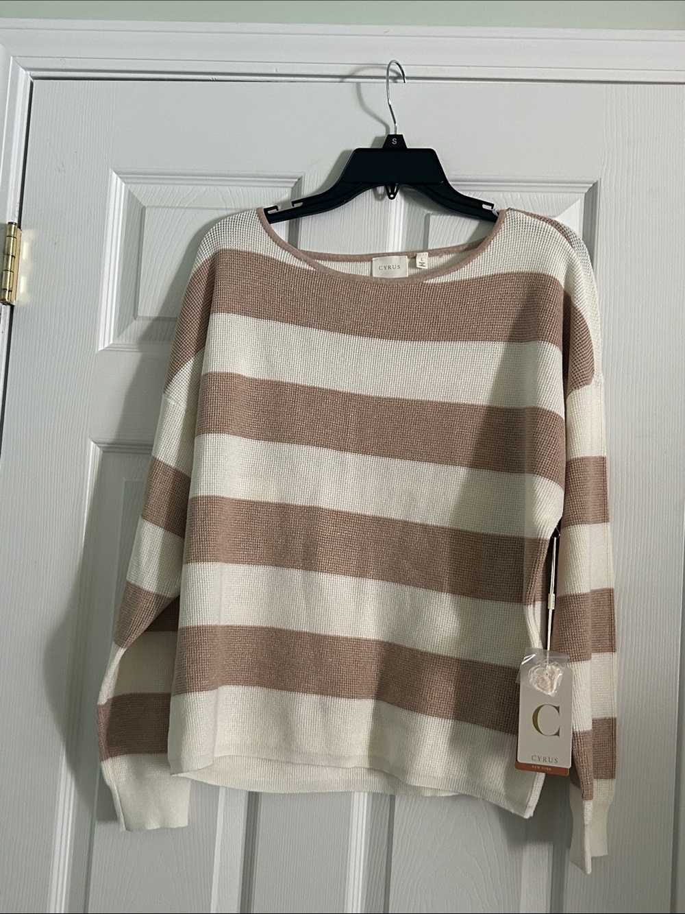 Cyrus Cream and Taupe Wide-Stripe Crewneck Sweater